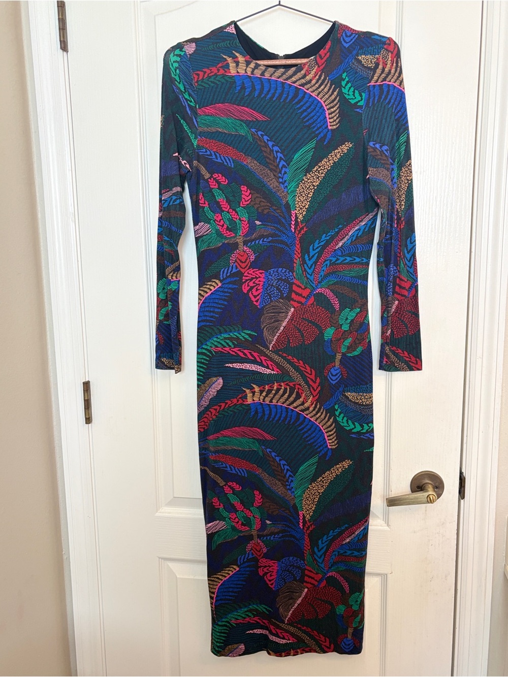 FARM Rio Amazonia Night Long Sleeve Midi Bodycon Dress S tropical botanical - Picture 3 of 12